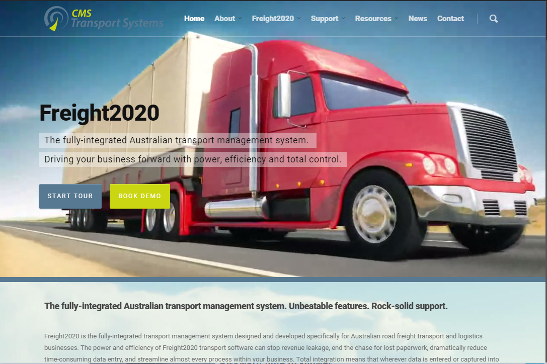 Still image from the animated home page header of the new TransportSystems.com.au website for Freight2020